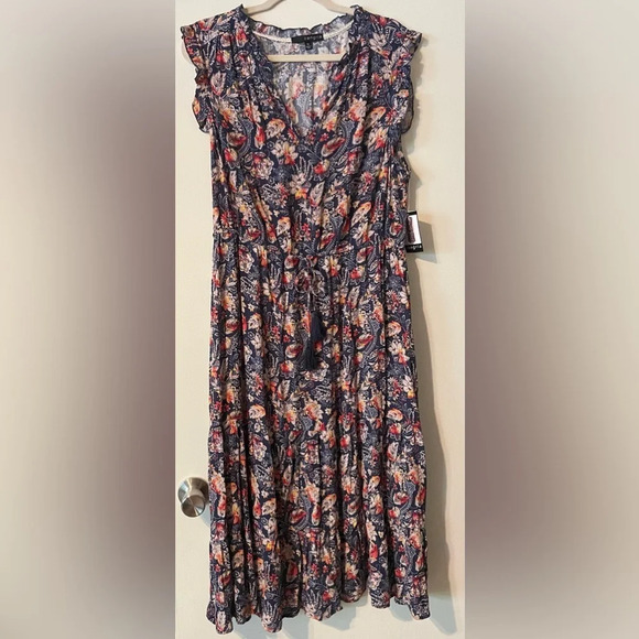 Sangria Blue Floral Print Sleeveless Tiered Midi Length Dress NWT Size XL - Picture 1 of 10